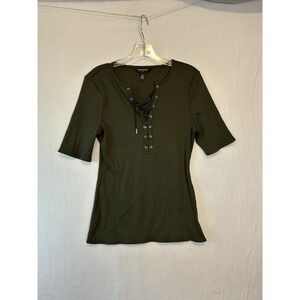 White House Black Market Ribbed Lace Up V Neck Shirt Olive Woman's Size L  #1422
